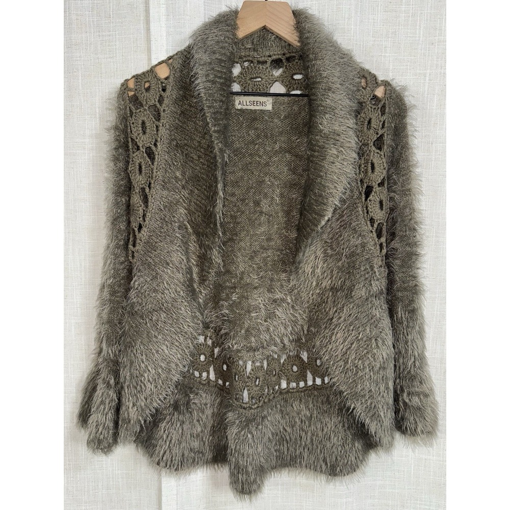 AllSeens Crochet Boho Knit Fuzzy Cardigan Sweater Fairycore‎ Whimsygoth Brown
